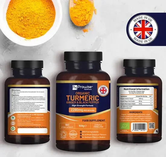 Organic Turmeric with Ginger and Black Pepper 2280mg (High Strength) | 180 Vegan Turmeric Capsules with Active Ingredient Curcumin I Soil Association Approved I UK Made by Prowise - Image 2