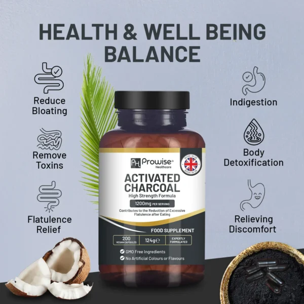 Activated Charcoal Capsules - 200 High Strength Vegan Capsules- 1200mg per serving- Made from Natural Coconut shells to Reduce Flatulence, Bloating & Indigestion I Made in the UK - Image 2