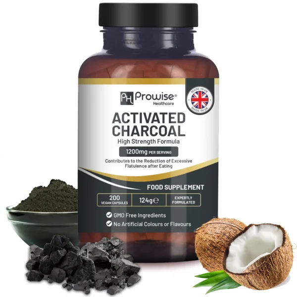 Activated Charcoal Capsules - 200 High Strength Vegan Capsules- 1200mg per serving- Made from Natural Coconut shells to Reduce Flatulence, Bloating & Indigestion I Made in the UK