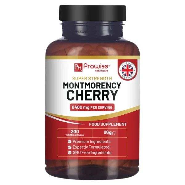 Montmorency Cherry 6400mg - 200 Tart Cherry Capsules - Natural Tart Cherry Extract Supplement for Men & Women Super Strength, Gluten Free, Vegan and GMO Free - Made in the UK by Prowise