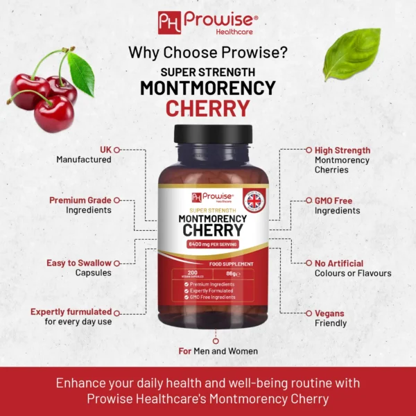 Montmorency Cherry 6400mg - 200 Tart Cherry Capsules - Natural Tart Cherry Extract Supplement for Men & Women Super Strength, Gluten Free, Vegan and GMO Free - Made in the UK by Prowise - Image 6