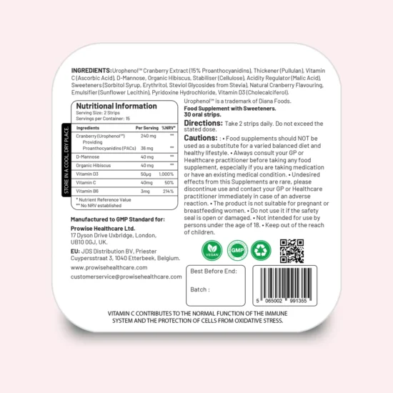 PROSTRIP CRANBERRY+ Urophenol Providing 36 mg Proanthocyanidins (PACs) - Added with D-Mannose, Organic Hibiscus, Vitamin D3, B6 & C 30 Oral Vegan Strips No water Needed by Prowise Healthcare - Image 6