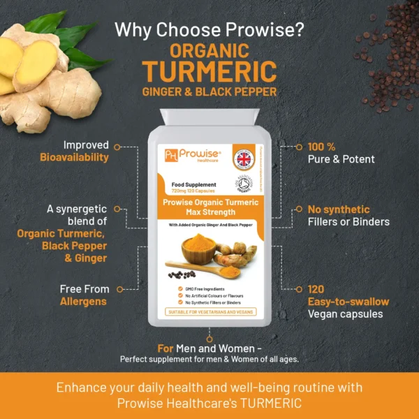 Organic Turmeric Curcumin 720mg - 120 Capsules | Organic Turmeric and Black Pepper Capsules High Strength | Vegan & Vegetarian Turmeric Supplements | Certified Organic by Soil Association by Prowise - Image 4