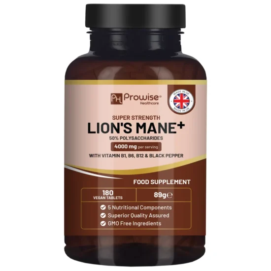 Lions Mane Mushroom Supplement 4000mg with Vitamin B1, B6, B12 & Black Pepper - 180 Super Strength Vegan Tablets with 50% Polysaccharides (Not Powder or Capsules) | Made in The UK by Prowise