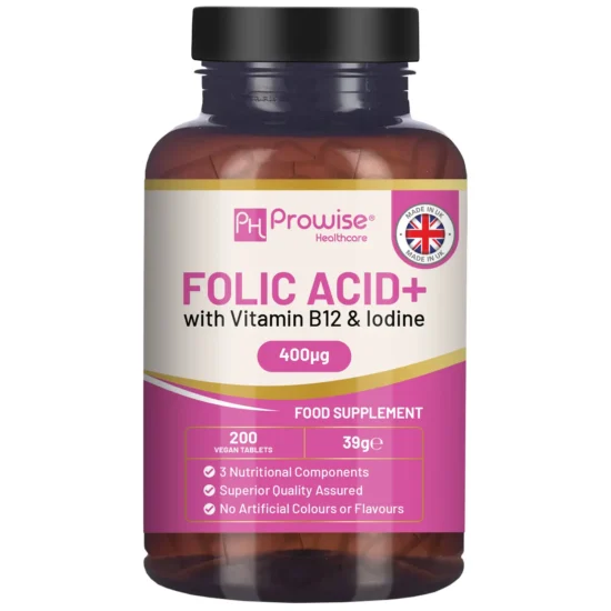 Folic Acid+ 400 mcg - Vegan Tablets with Vitamin B12 & Iodine | Vitamin B9 Tablets | Pregnancy Care Supplement