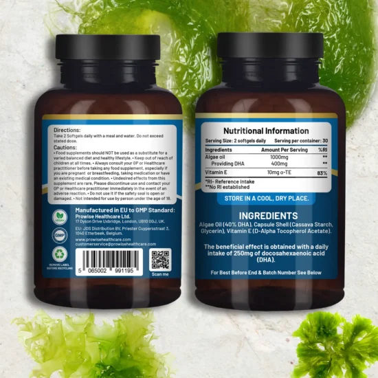 Prowise Vegan Omega-3 DHA from Algae Oil | 60 Softgels with Vitamin E | 400mg DHA + 10mg Vitamin E | 100% Plant-Based | Supports Brain, Eye, and Joint Health | Pure & Sustainable Sourced - Image 2